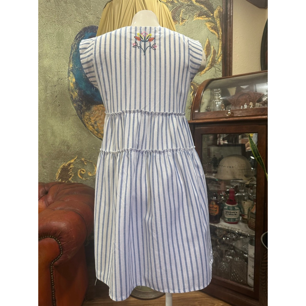 Handmade Coastal Dress Blue White Stripe Cotton Floral - Picture 6 of 12